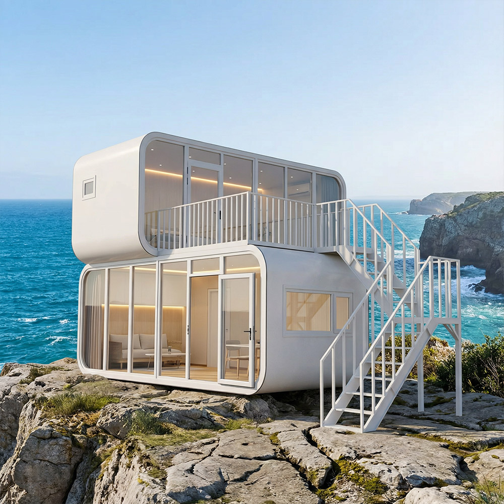 Vivienda portátil inteligente con cápsula para espacios al aire libre y escaleras de acceso