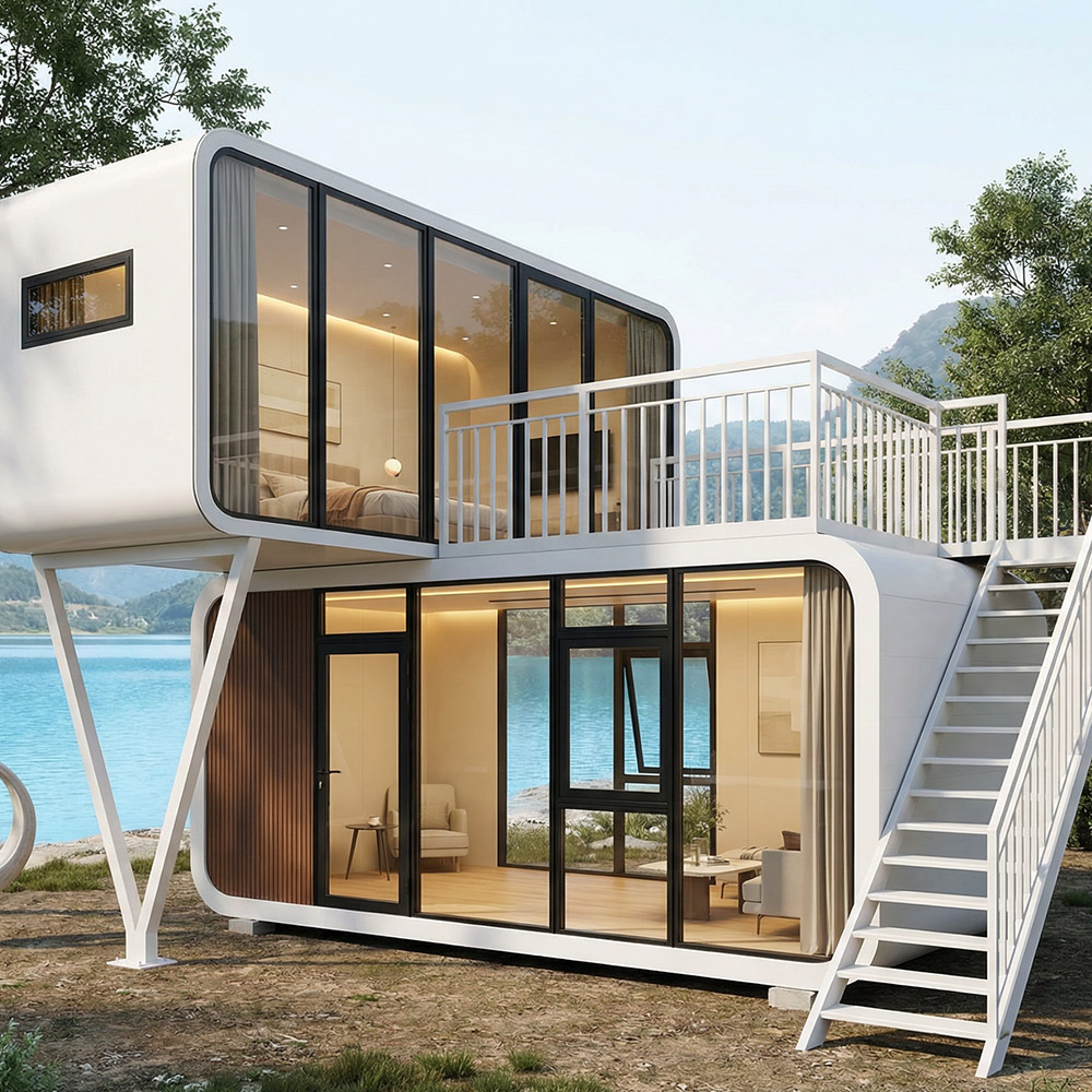 Vivienda portátil inteligente con cápsula para espacios al aire libre y escaleras de acceso