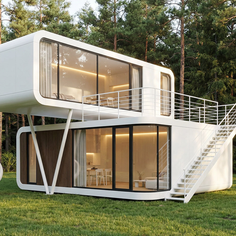 Vivienda portátil inteligente con cápsula para espacios al aire libre y escaleras de acceso