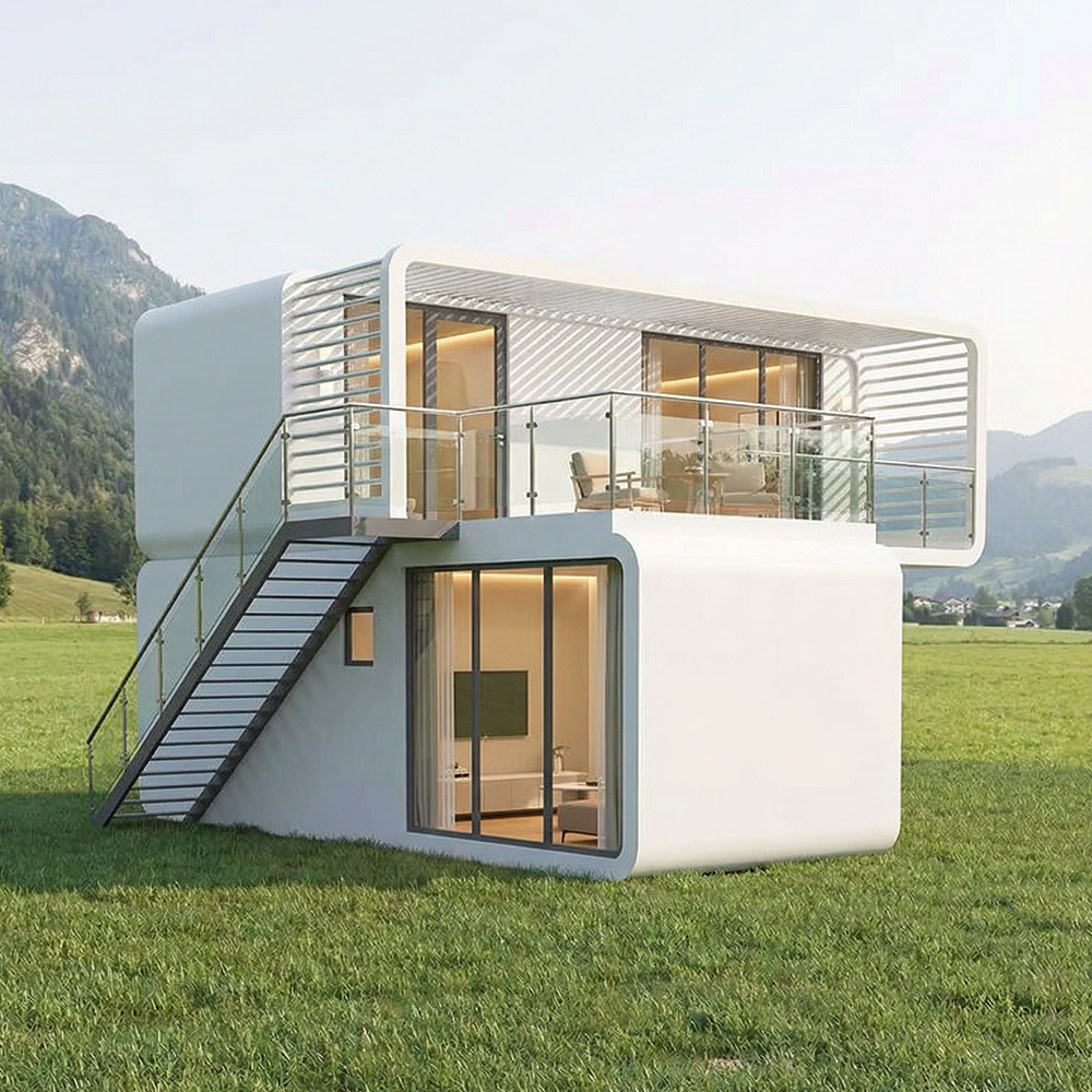 Vivienda portátil inteligente con cápsula para espacios al aire libre y escaleras de acceso