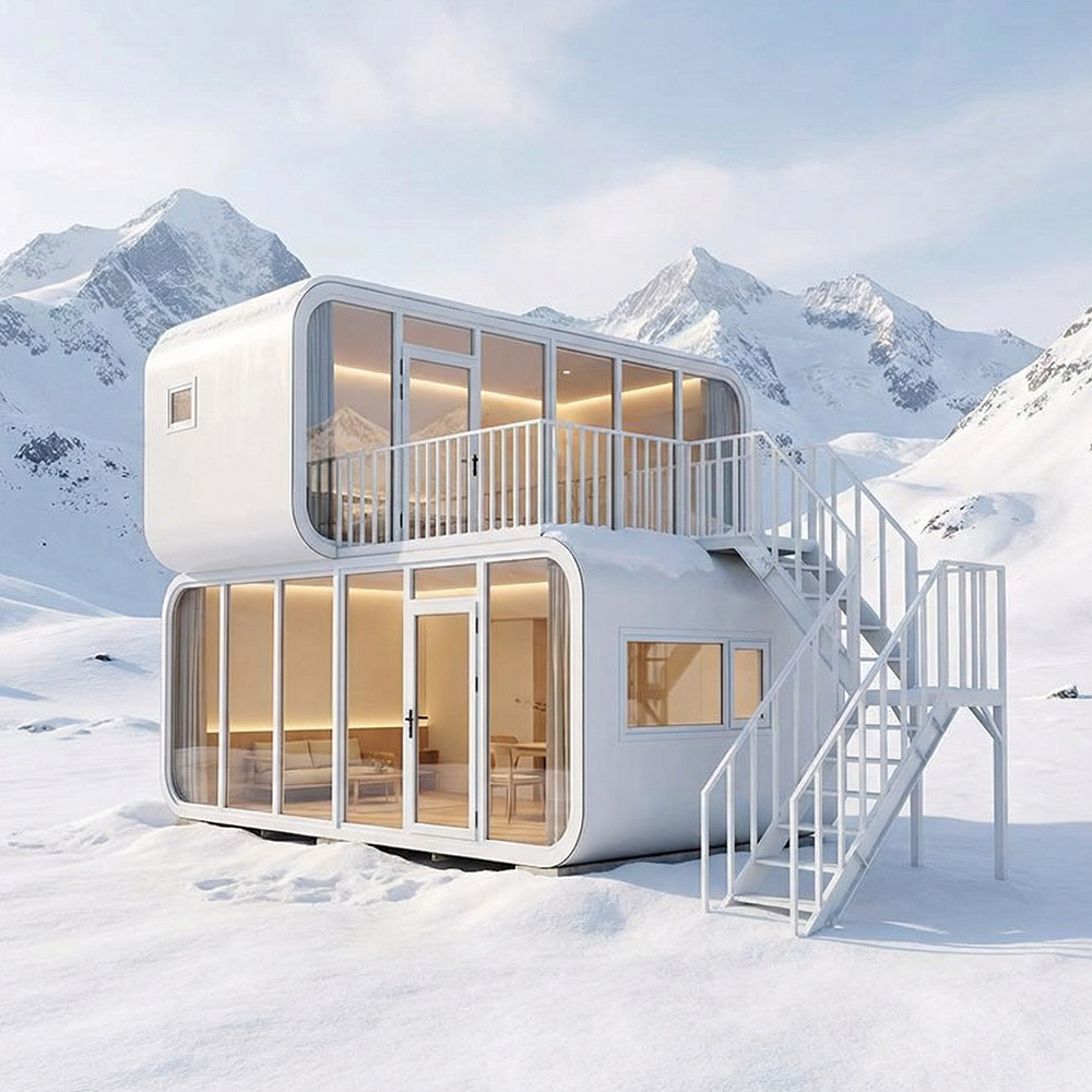 Vivienda portátil inteligente con cápsula para espacios al aire libre y escaleras de acceso